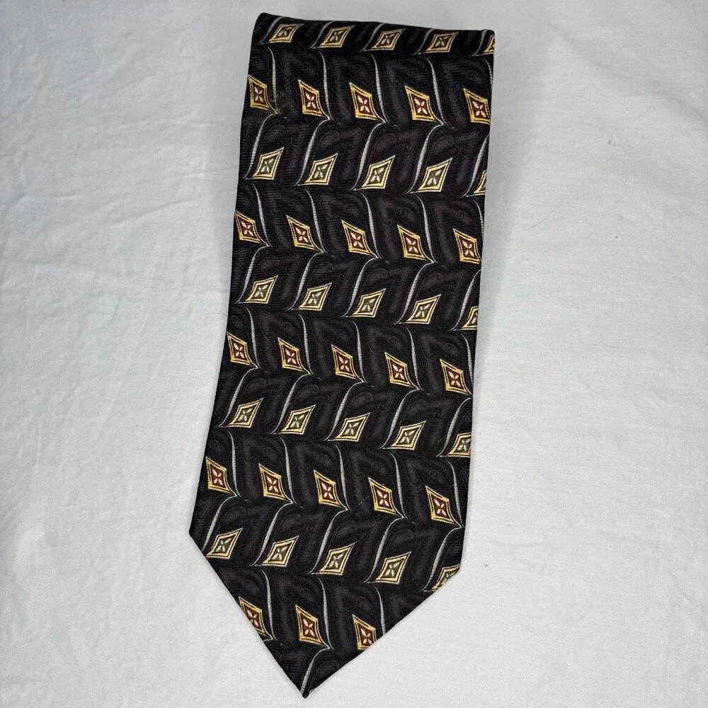 BG&C 100% Silk Hand Sewn Mens Tie Black Gray Gold Geometric Classic Made in USA